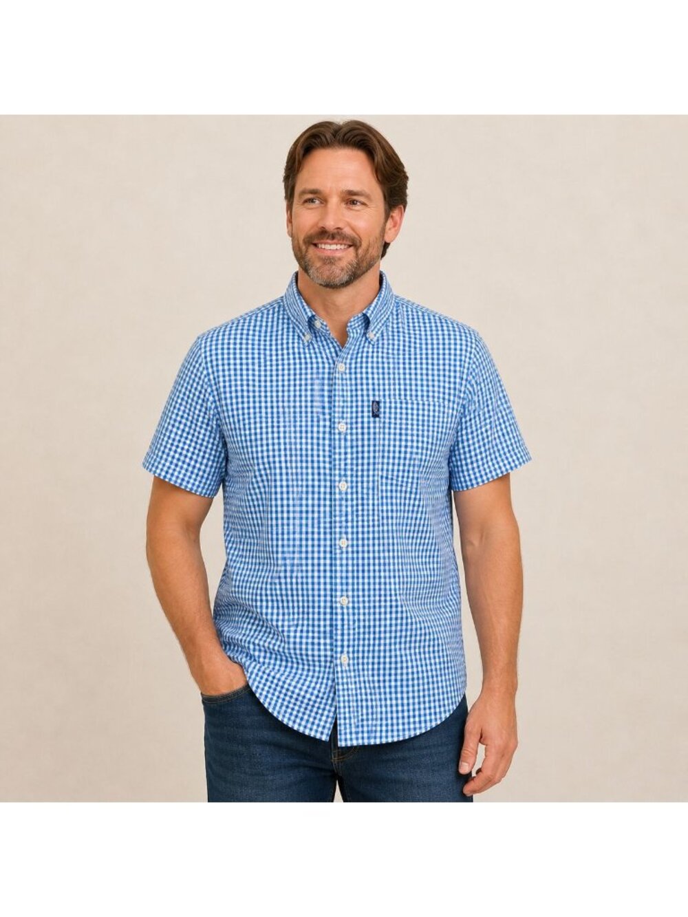 AFTCO Mens Button Down Shirt Lightweight Blue Check Short Sleeve Size S